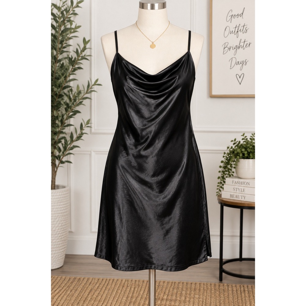 Black Satin Cowl Neck Slip Dress Adjustable Straps Side Slit Size Small